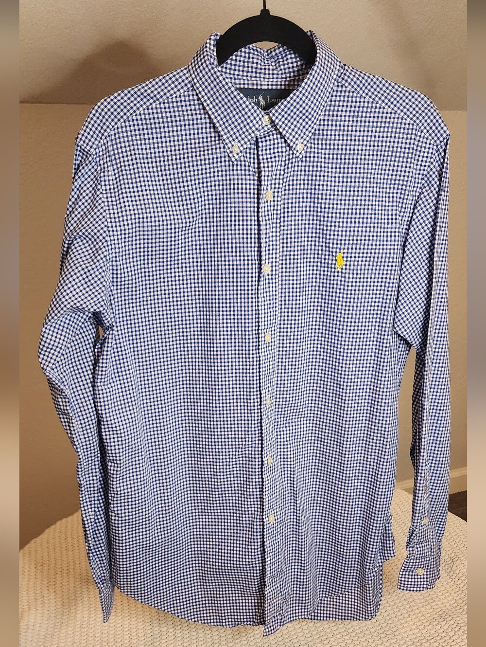 Ralph Lauren Navy and White Gingham Button-Down Shirt with Yellow Pony
